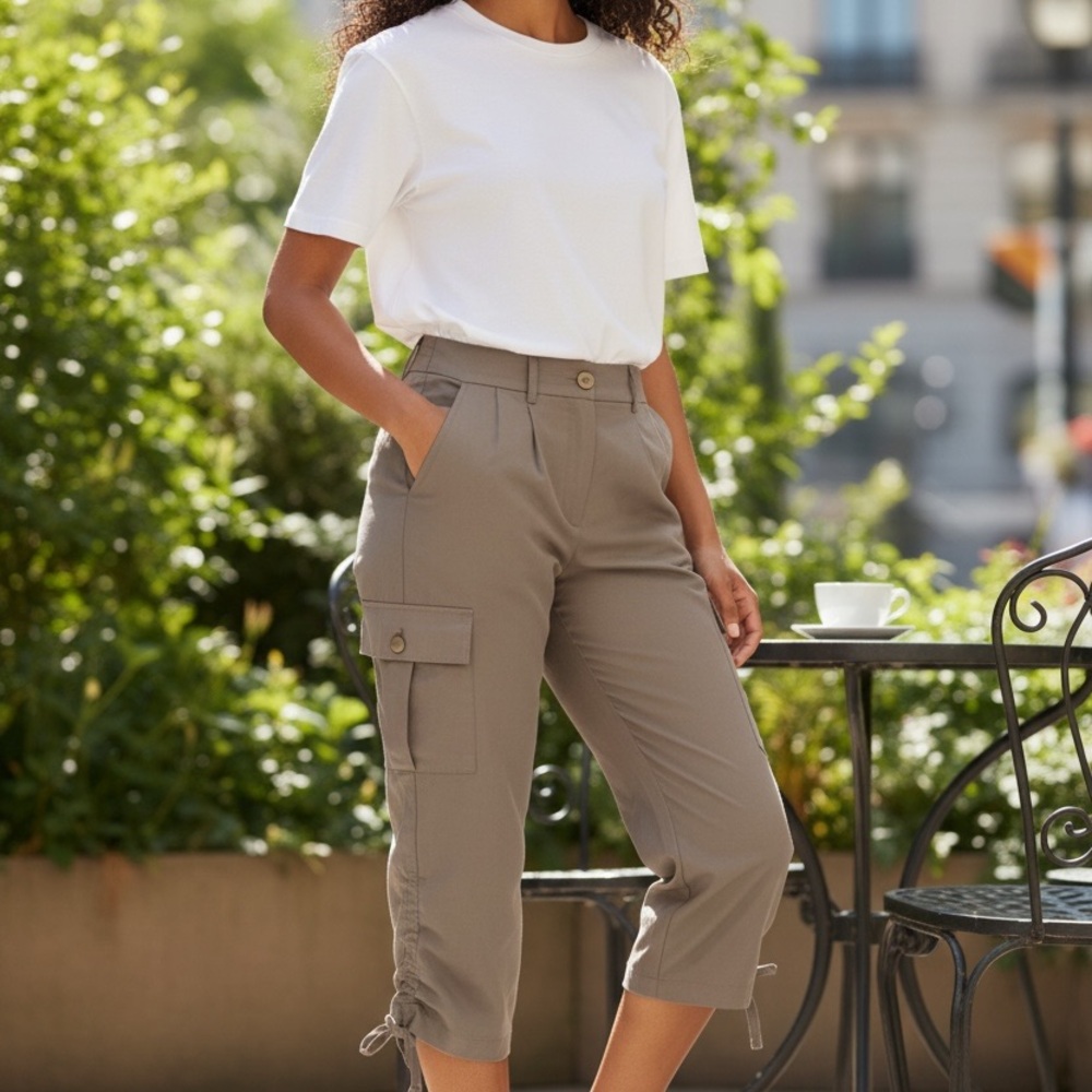 Liquid Women Brown Silk
Cargo Capri Size 8 Cropped
Pants Pockets